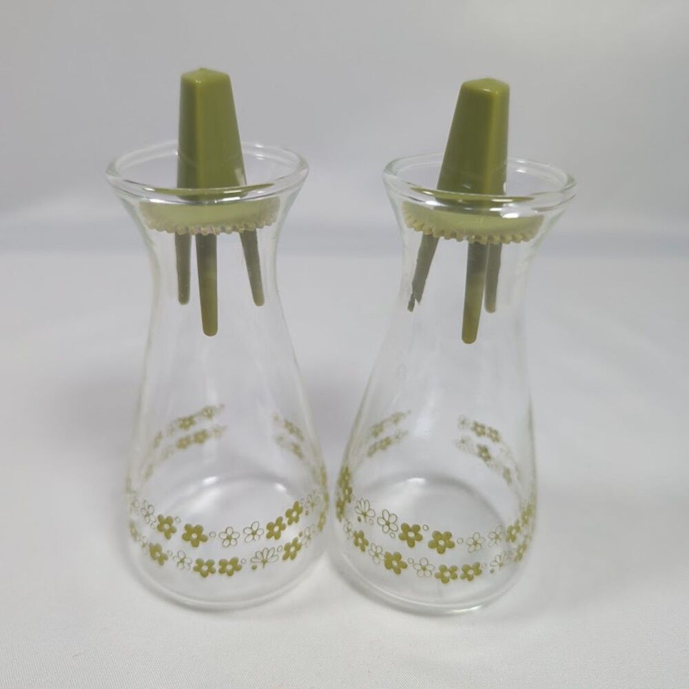Vintage PYREX Spring Blossom Green Salt Pepper Shakers Original Lids Set USA
